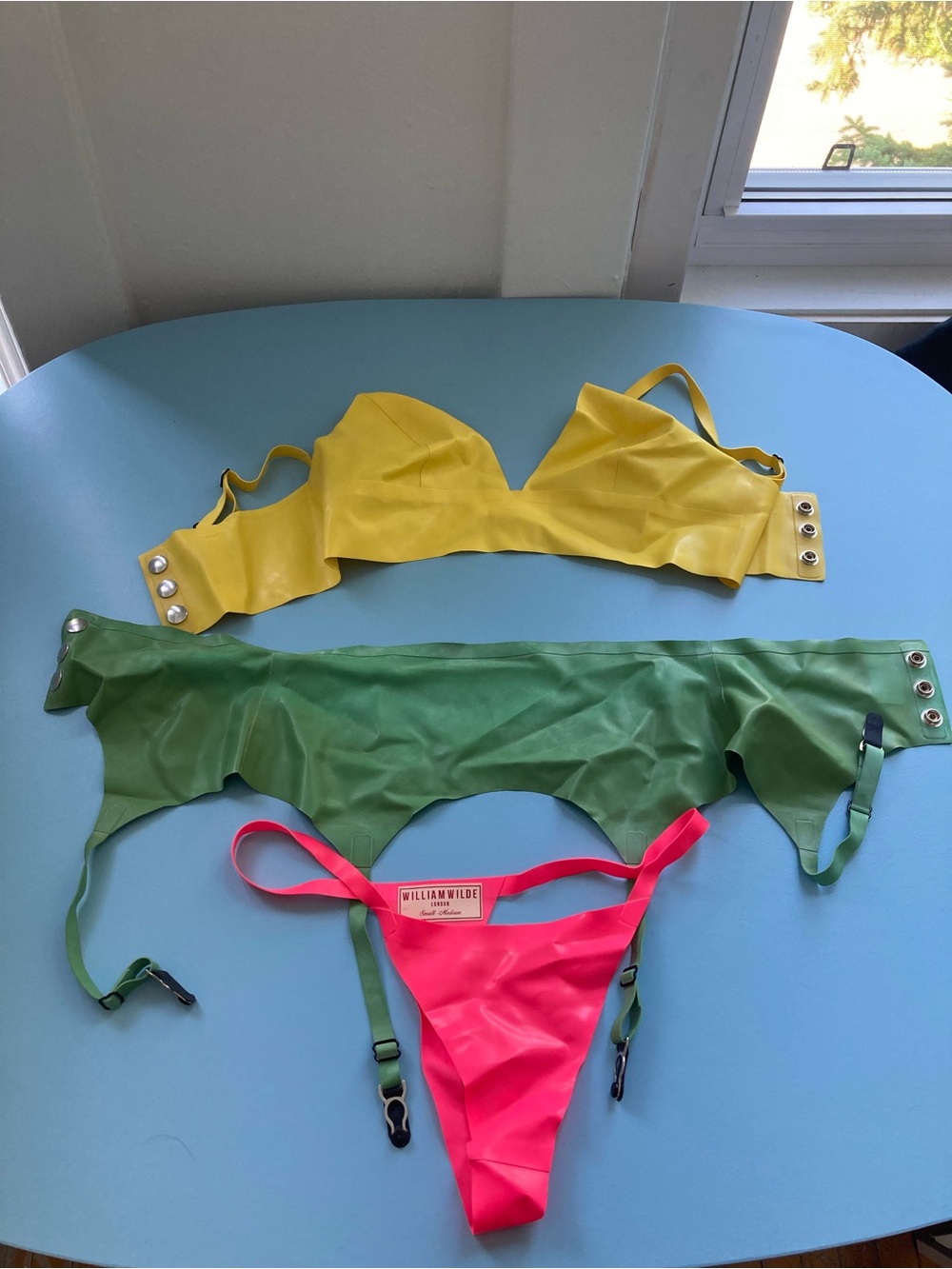 Yellow, Green & Pink Latex Lingerie Set